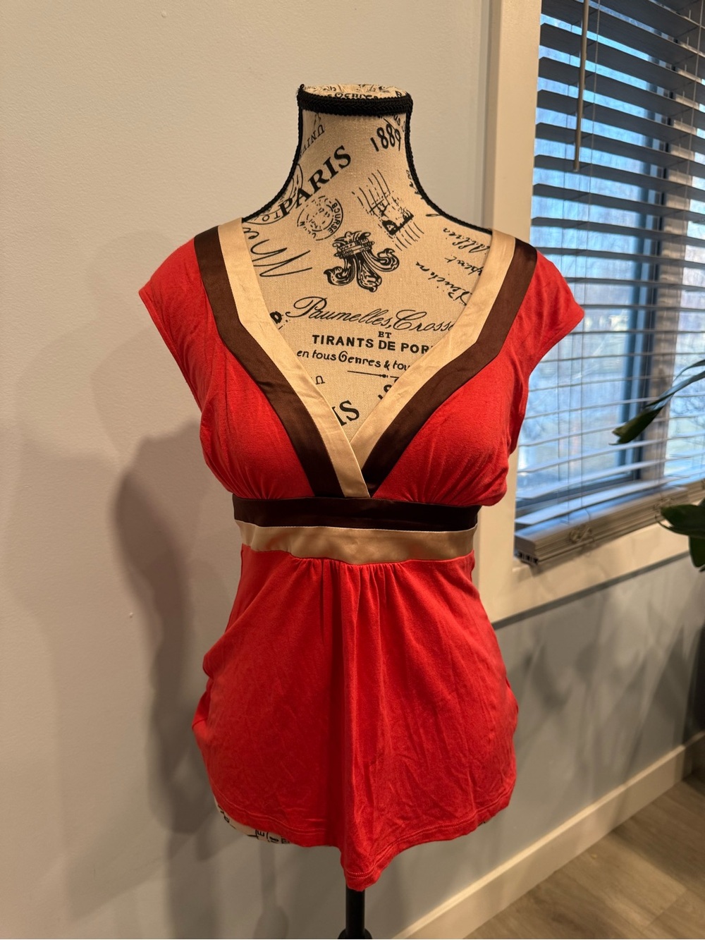 bebe Red Top with Cream Neckline
